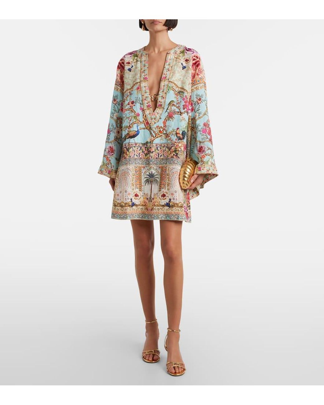 Camilla Multicolor Embellished Printed Ring-Detail Linen Kaftan