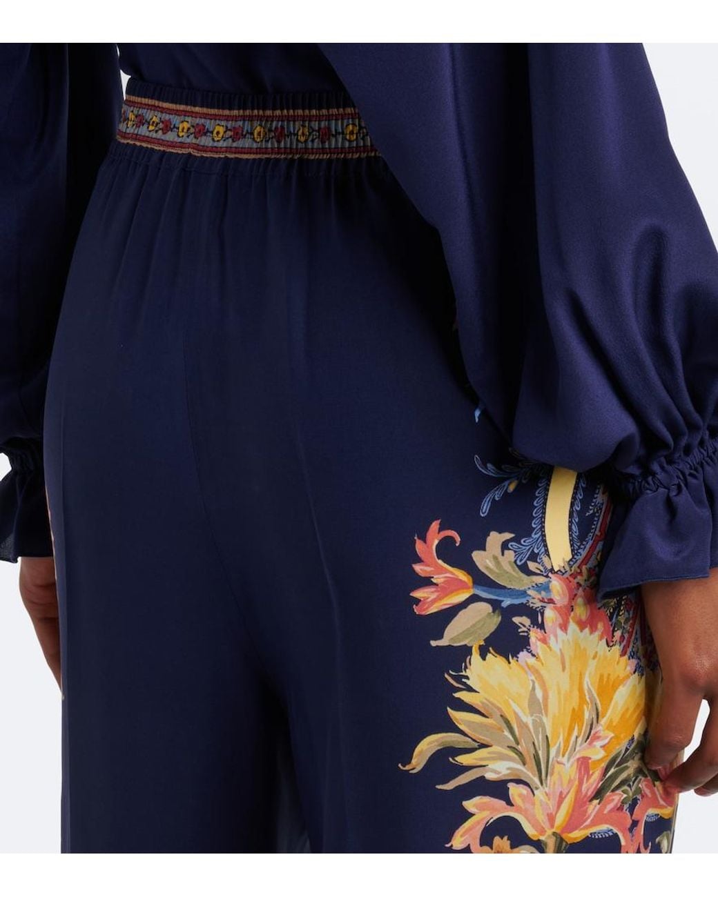 Etro Blue Floral Silk Straight Pants