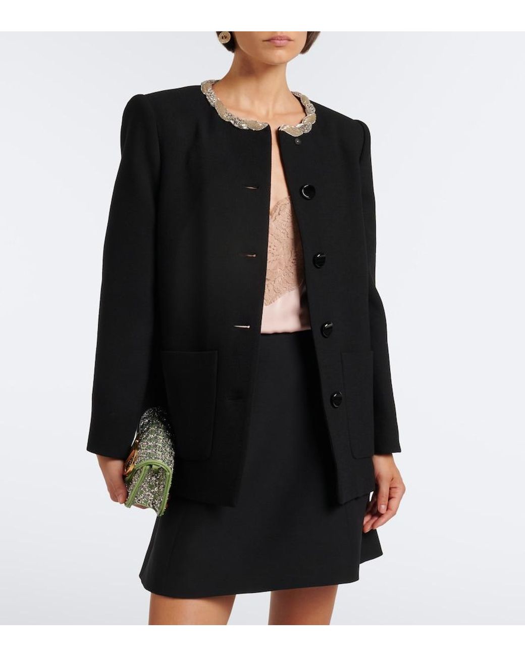 Valentino Garavani Black Embellished Virgin Wool Crepe Jacket