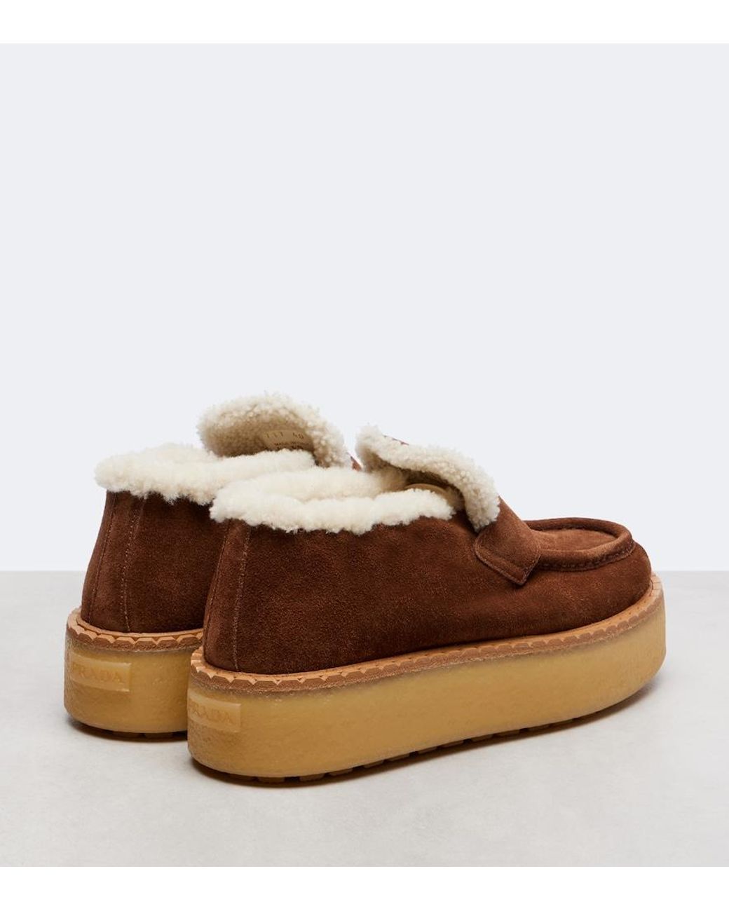 Prada Brown Plateau-Loafers Aus Veloursleder Mit Shearling