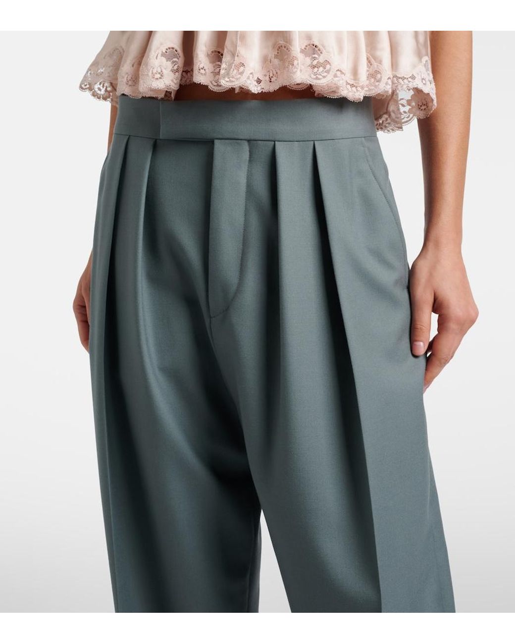 Chloé Blue Pleated Virgin Wool Straight Pants