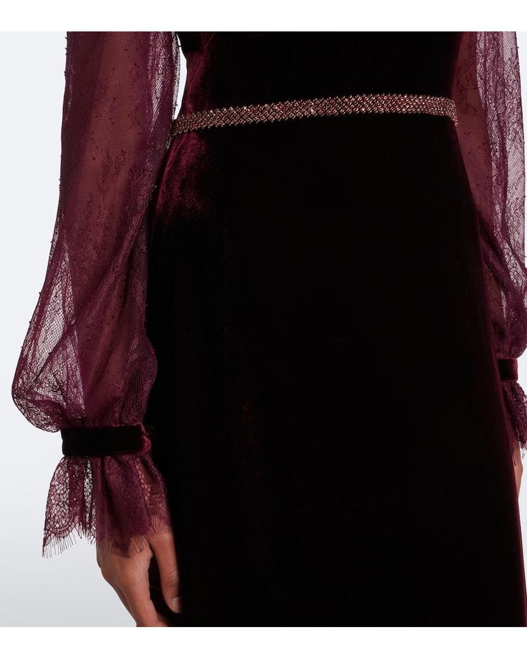 Costarellos Purple Embellished Lace-Trimmed Velvet Gown