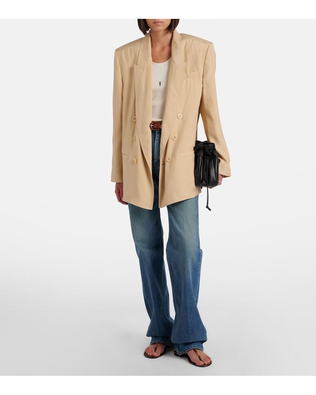 Saint Laurent Natural Double-Breasted Silk Blazer