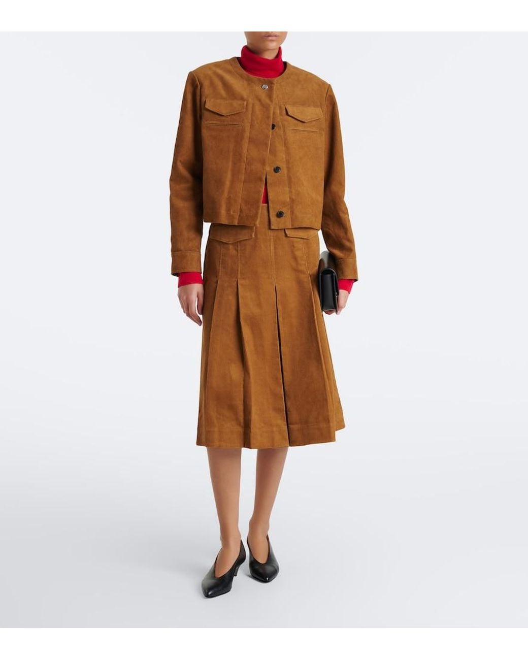 Tory Burch Brown Pleated Cotton Corduroy Midi Skirt