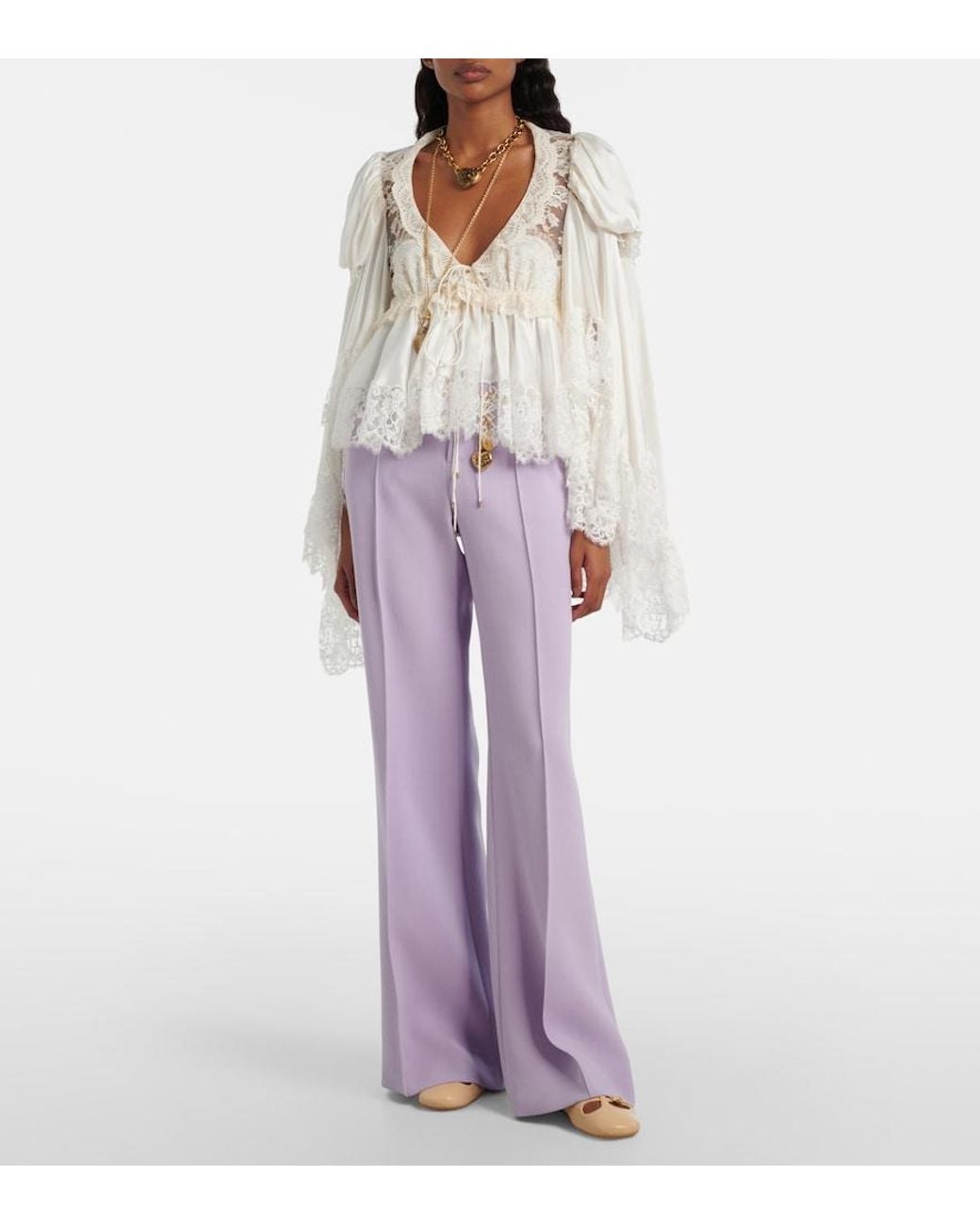 Chloé White Lace-Trimmed Silk Satin Top