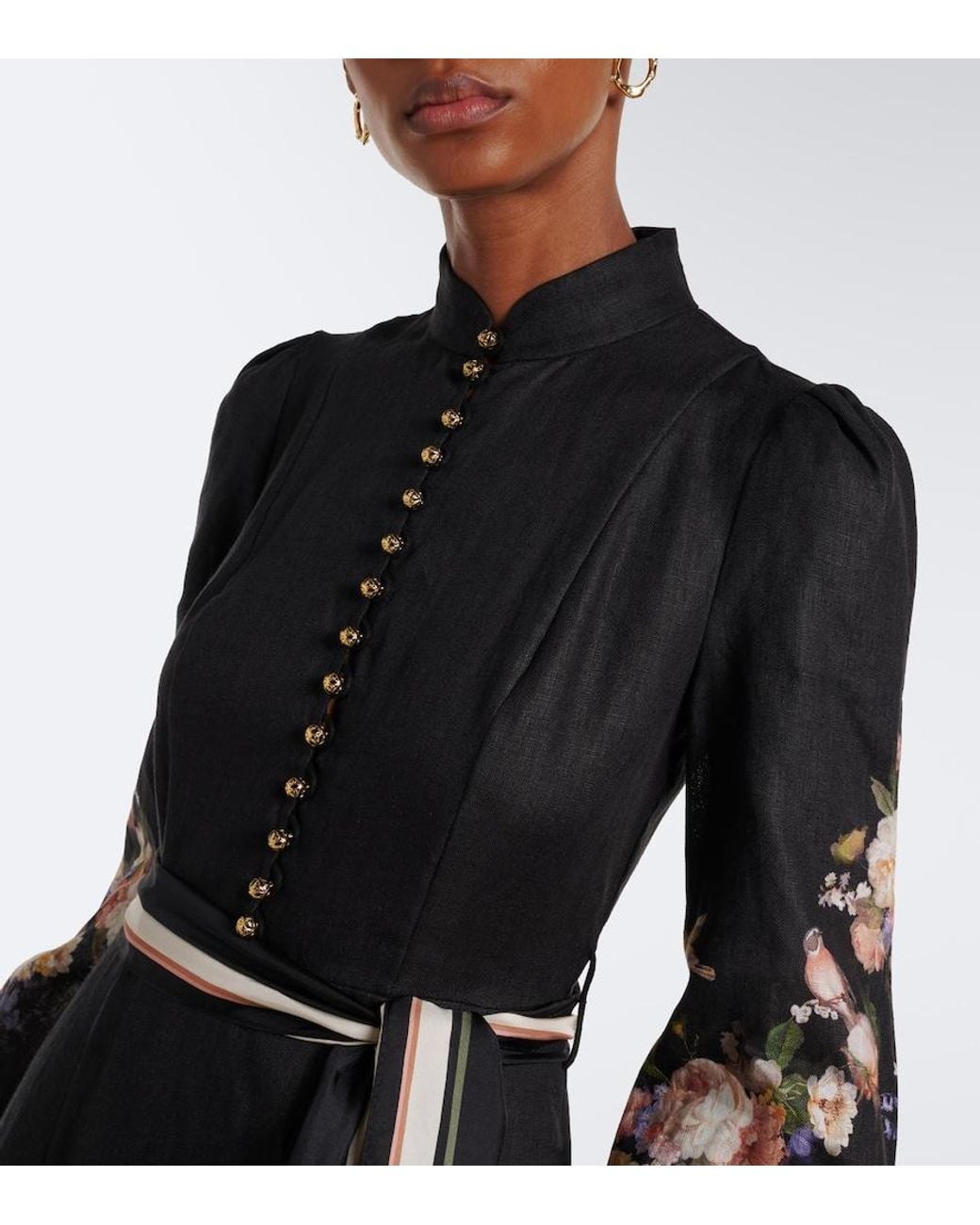 Zimmermann Black Valiant Belted Floral Linen Midi Dress