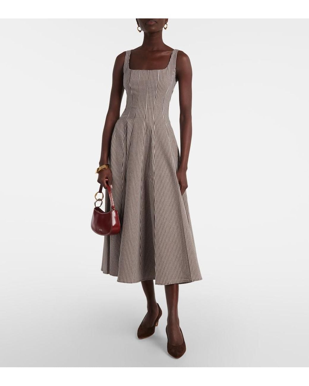 Staud Gray Wells Checked Midi Dress