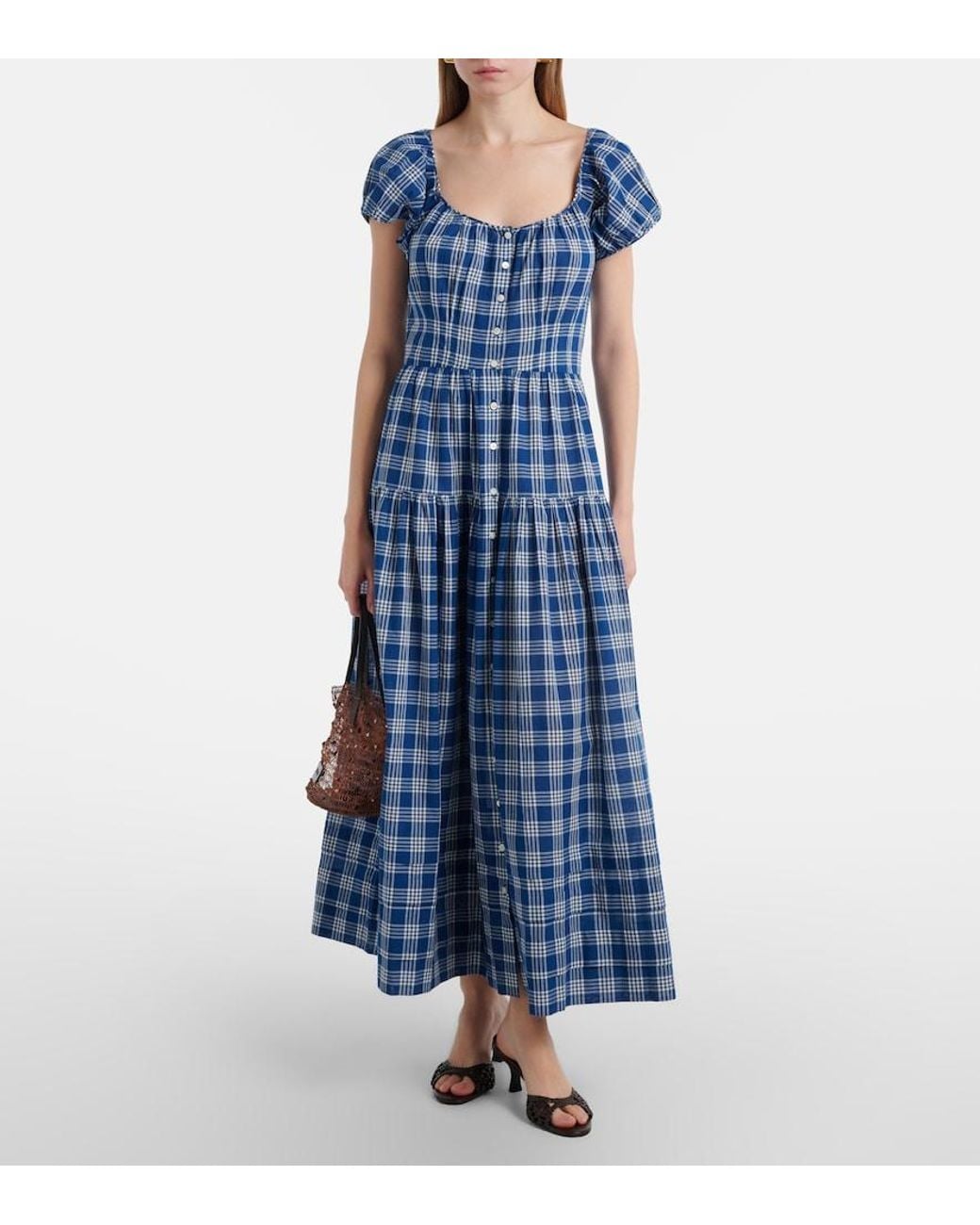 Doen Blue Valenne Checked Cotton Midi Dress