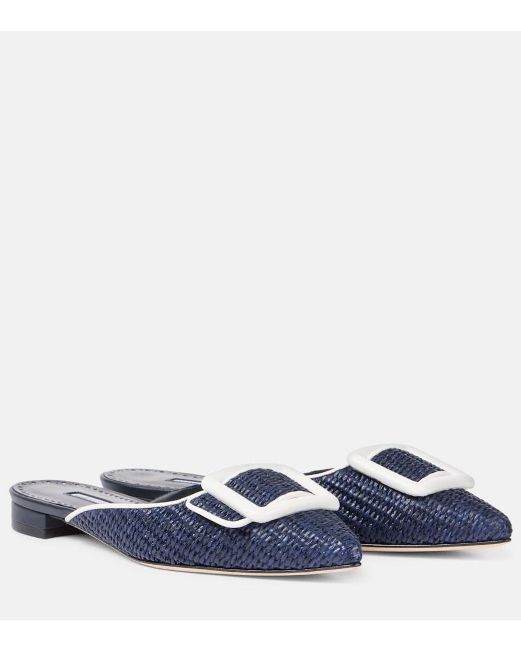 Manolo Blahnik Blue Maysale Leather-Trimmed Raffia Mules