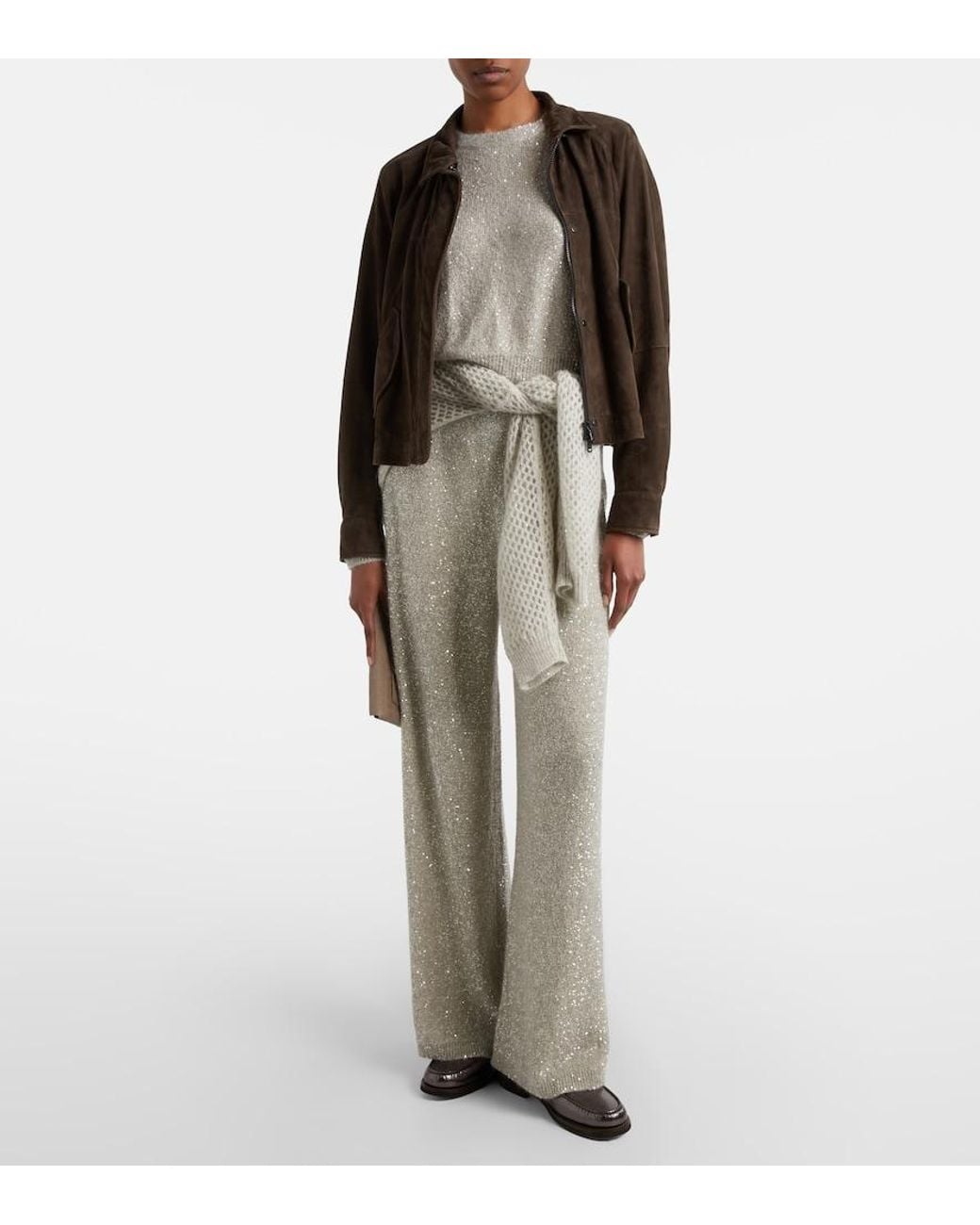 Brunello Cucinelli White Sequined Wide-Leg Pants