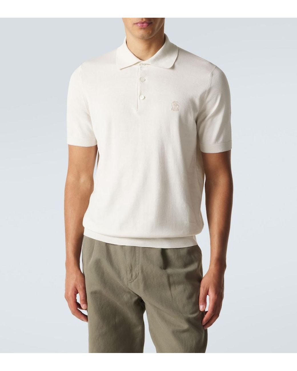 Brunello Cucinelli White Logo Cotton Pique Polo Shirt for men