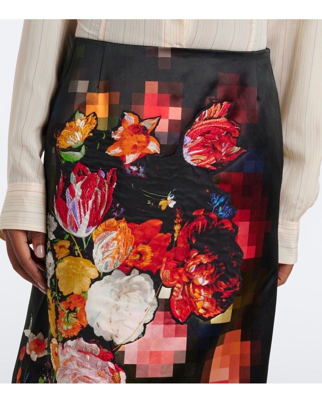 Dries Van Noten Black Floral Cotton And Silk Midi Skirt