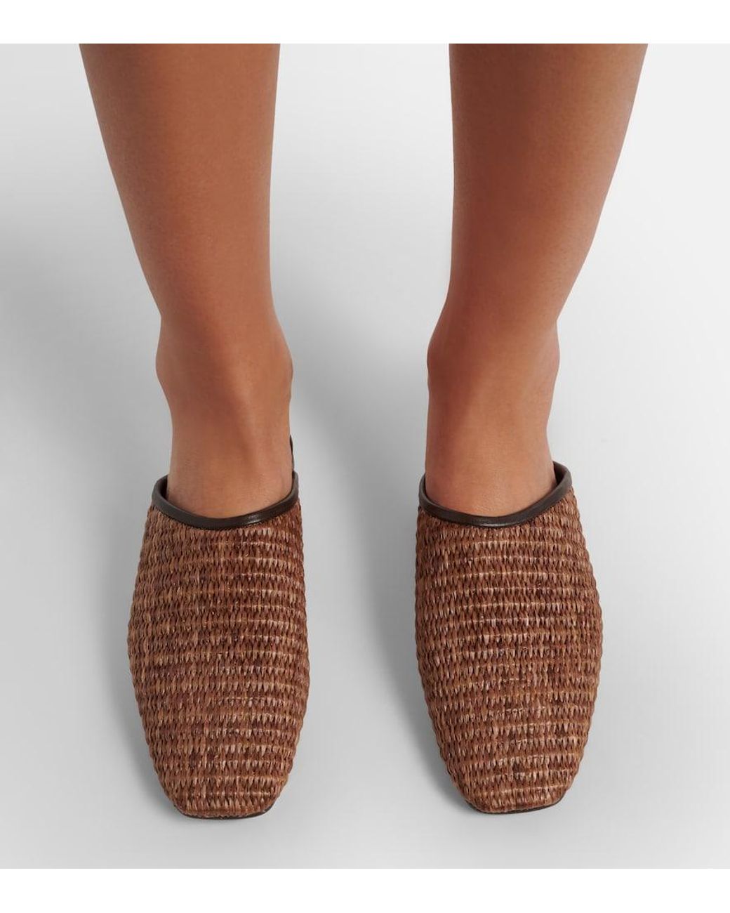 Brunello Cucinelli Brown Leather-Trimmed Raffia Mules