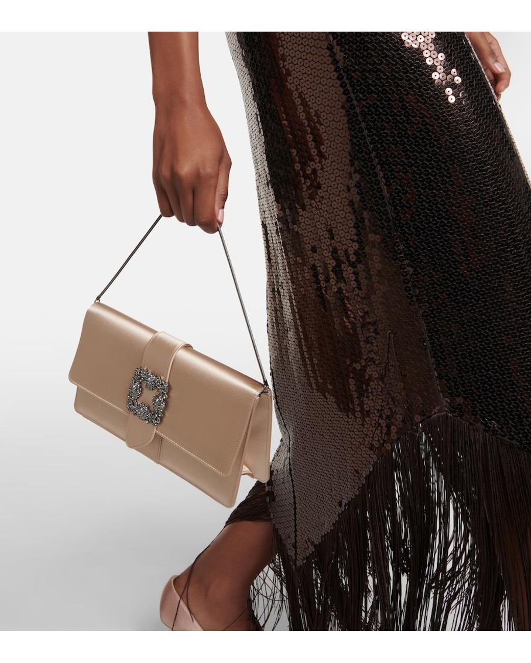 Manolo Blahnik Natural Capri Embellished Satin Clutch