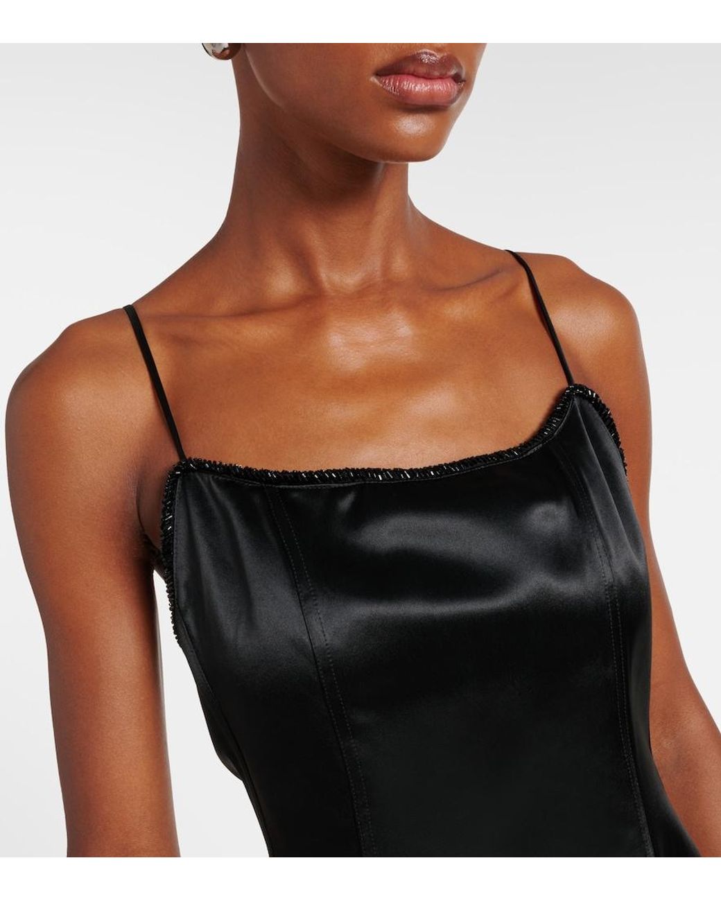 JACQUES WEI Black Shearling-Trimmed Satin Slip Dress