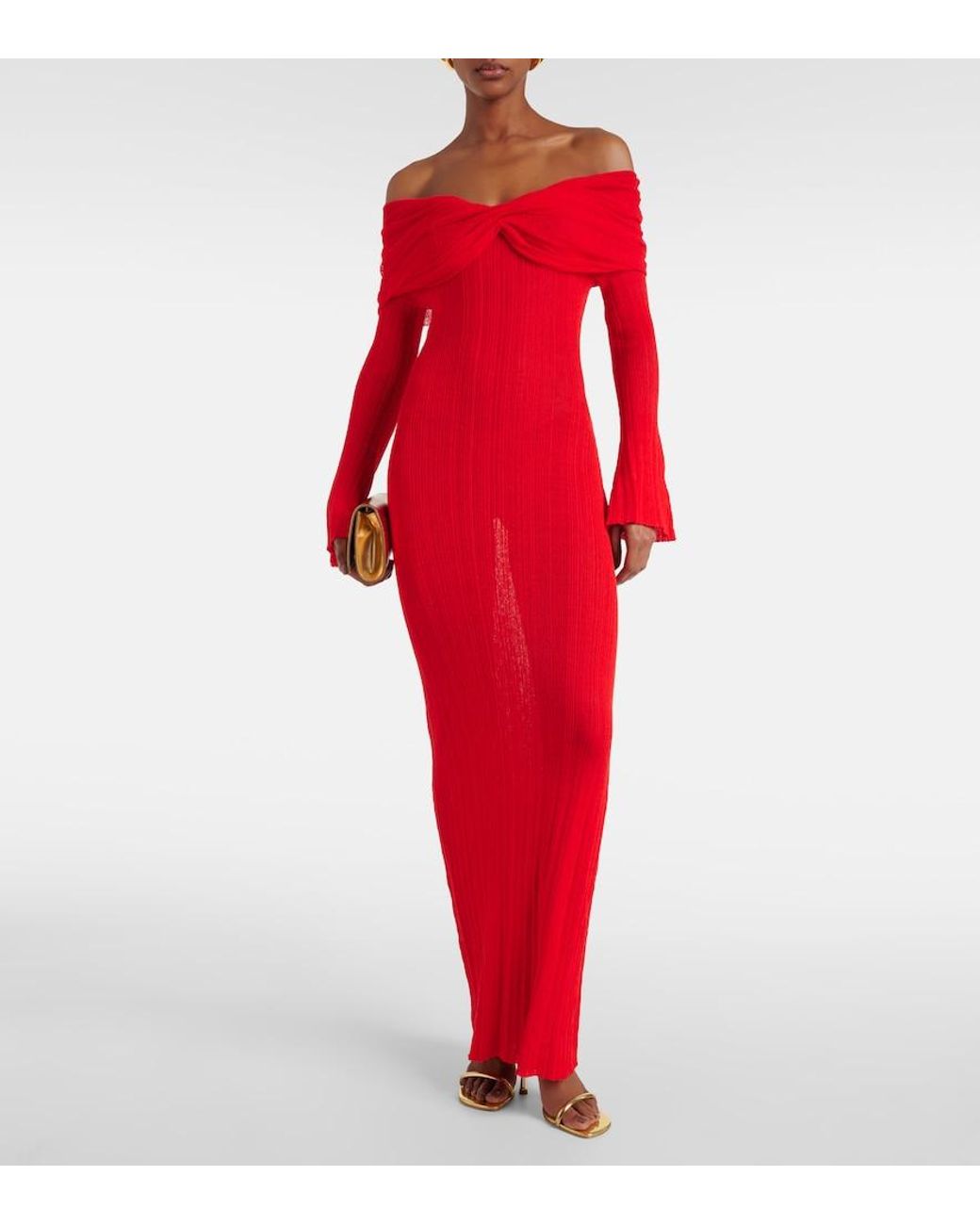 AYA MUSE Red Off-Shoulder Linen-Blend Maxi Dress