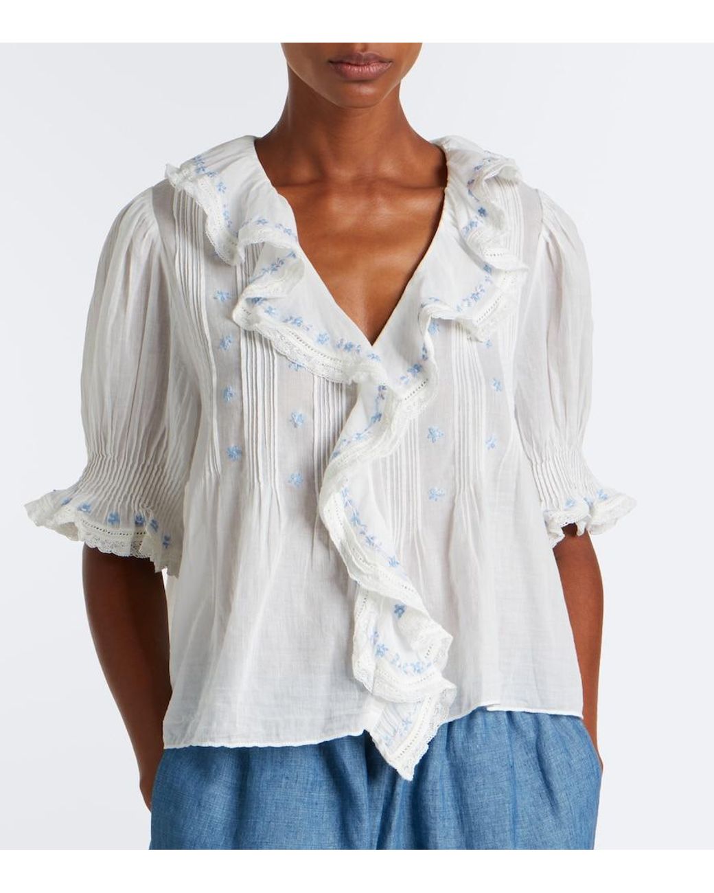 Doen White Hettie Floral Ruffled Cotton Top