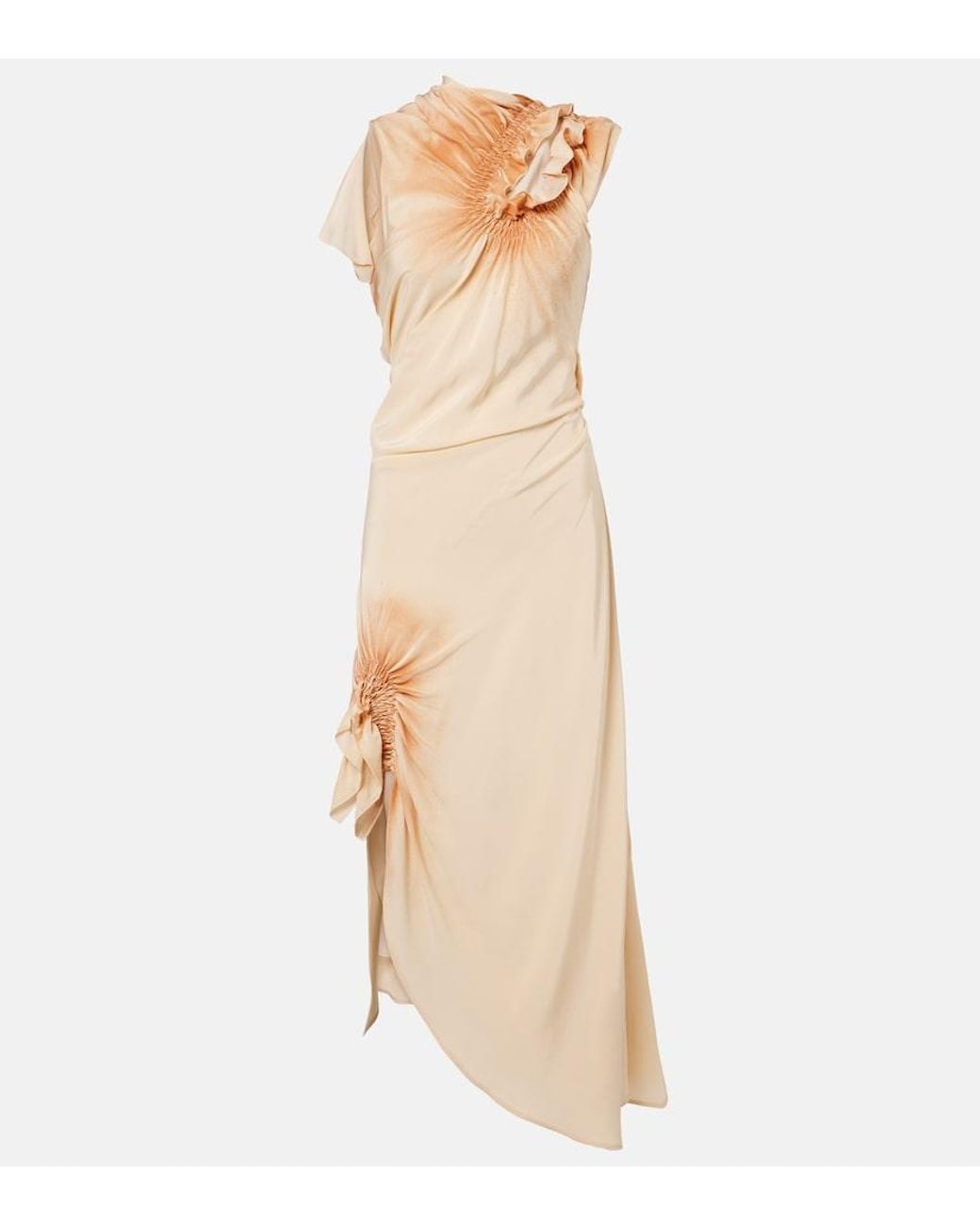 Victoria Beckham Natural Asymmetric Smocked Silk Cocktail Dress