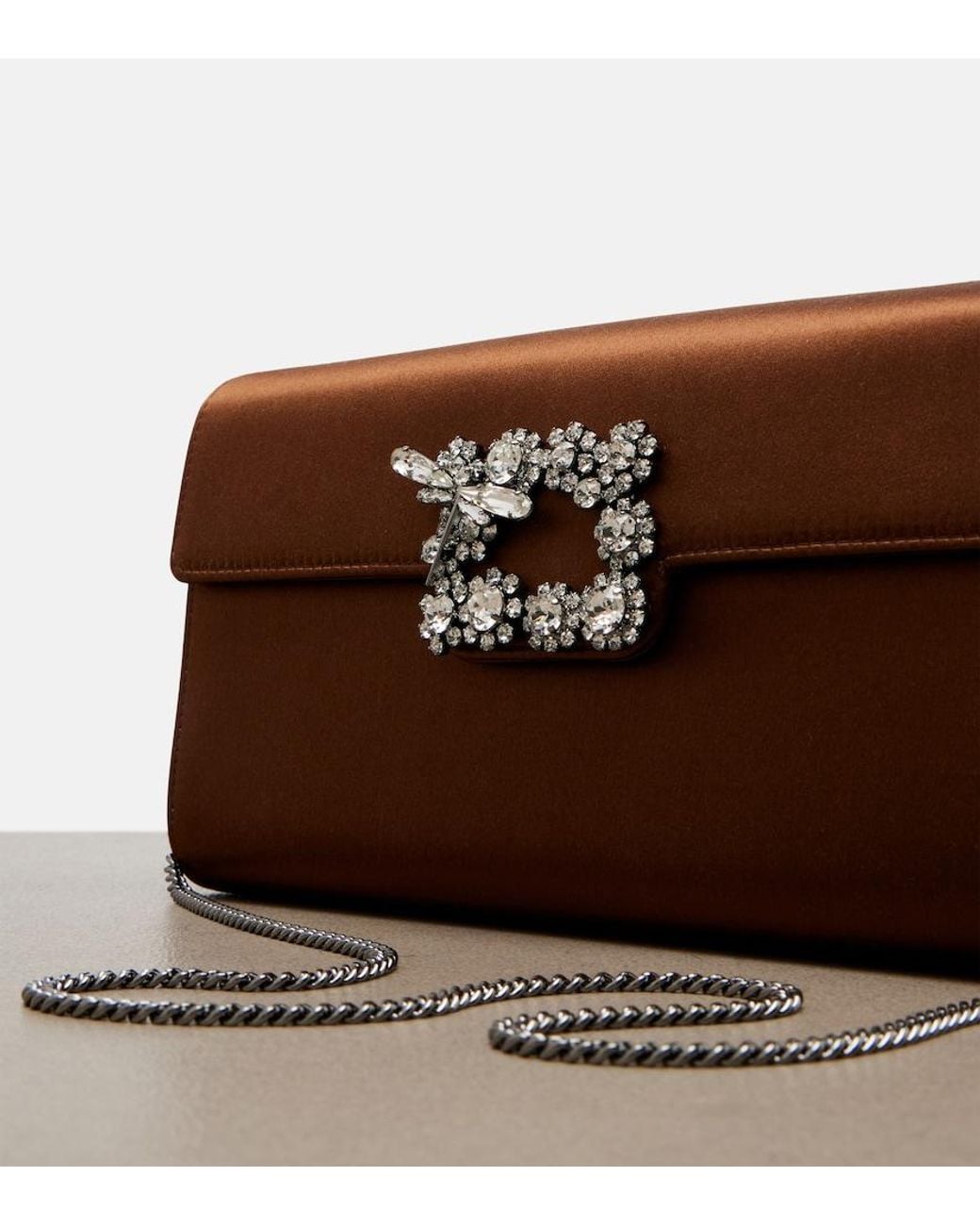 Roger Vivier Brown Efflorescence Embellished Satin Clutch