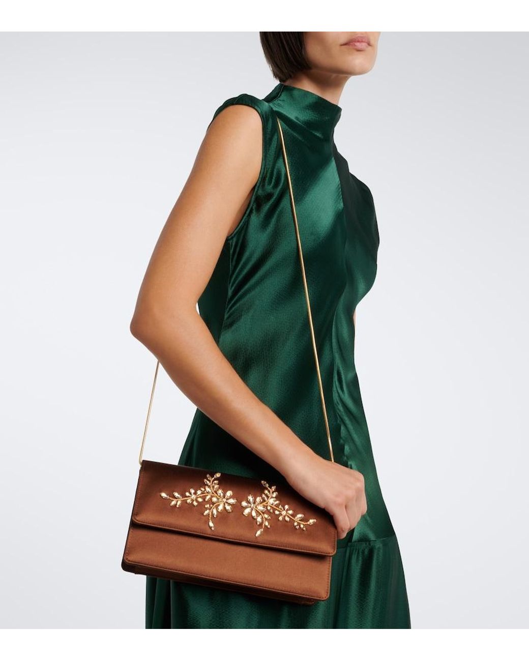 Manolo Blahnik Brown Capripla Embellished Satin Clutch