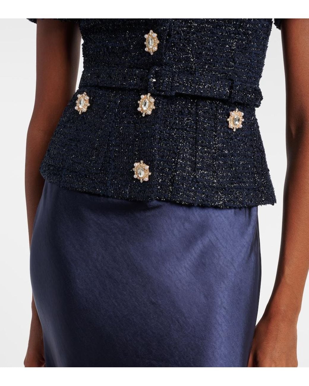 Self-Portrait Blue Embellished Boucle And Satin Maxi Dress