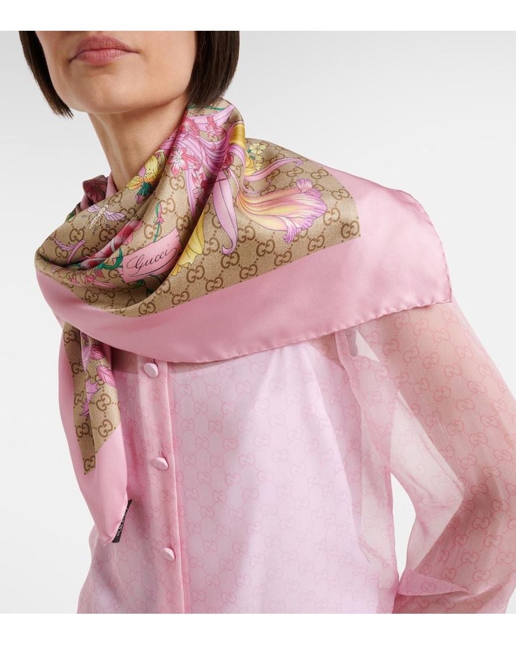 Gucci Pink Gg Flora Silk Twill Scarf