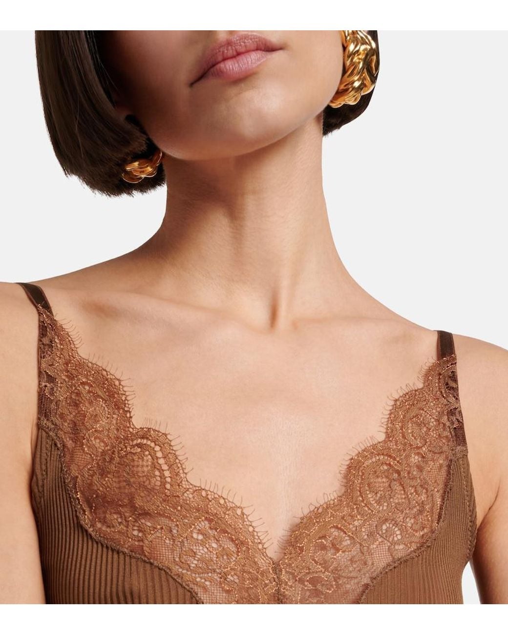 Tank Top Acanalado De Seda Con Encaje Saint Laurent de color Brown