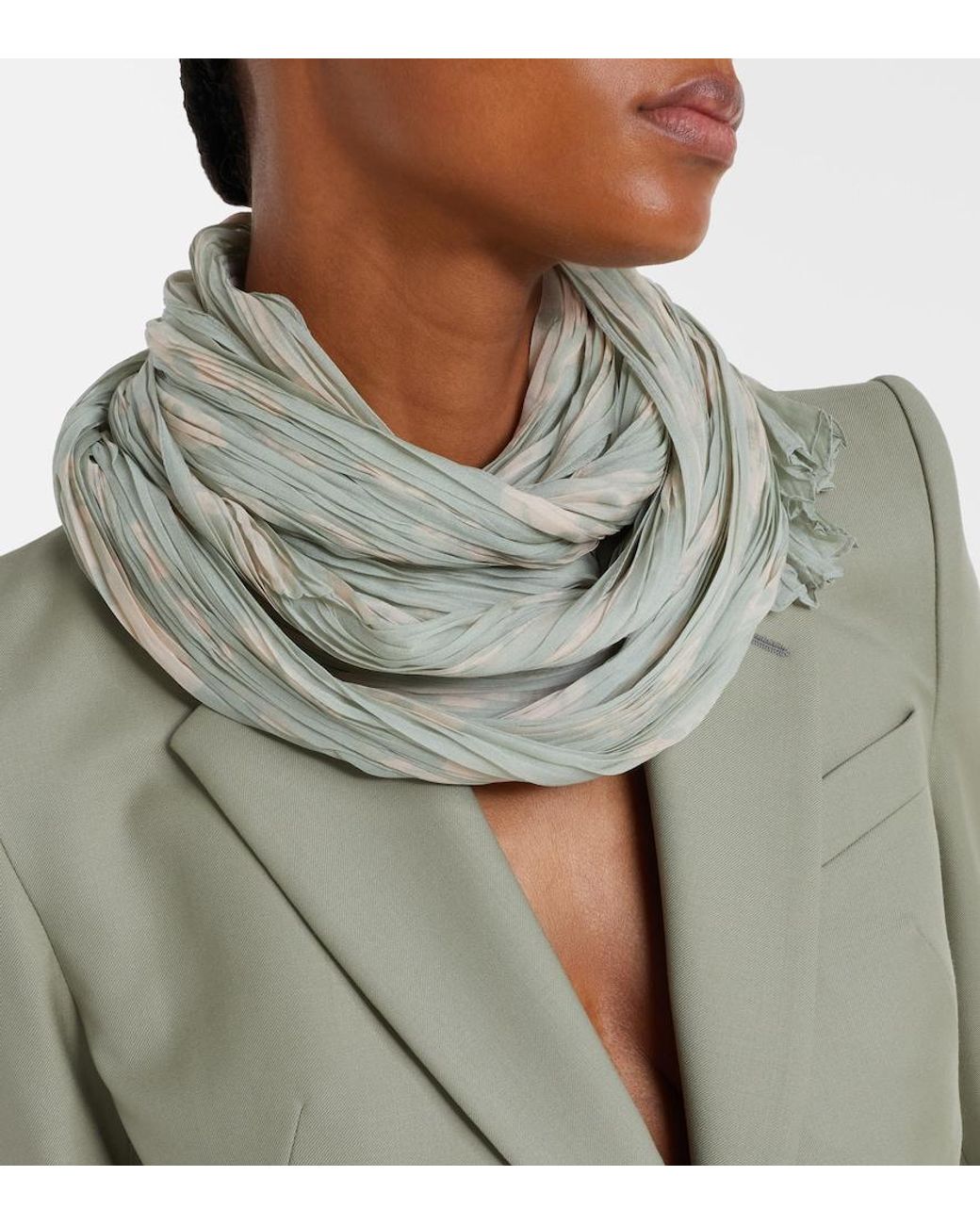 McQueen White Skull Pleated Silk Scarf