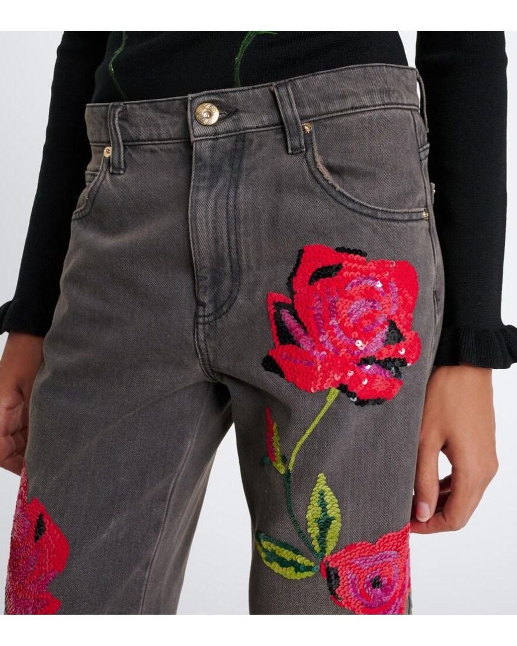 Blumarine Red Sequined Wide-Leg Jeans