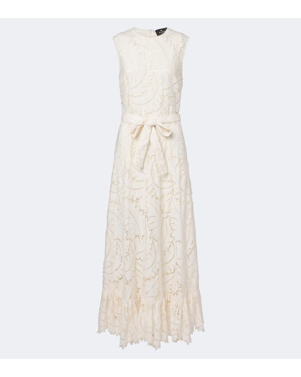 Etro White Belted Giupure Lace Cotton Maxi Dress