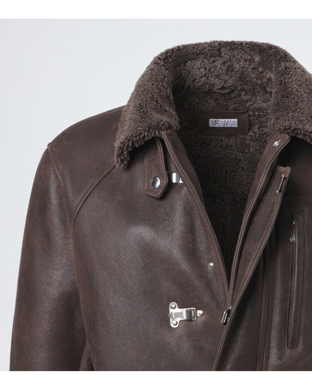 Brunello Cucinelli Brown Shearling-Lined Leather Jacket for men
