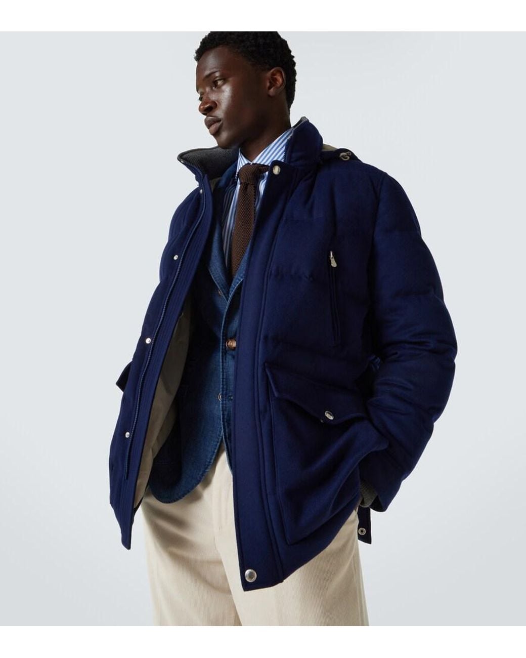 Brunello Cucinelli Blue Wool Flannel Down Jacket for men