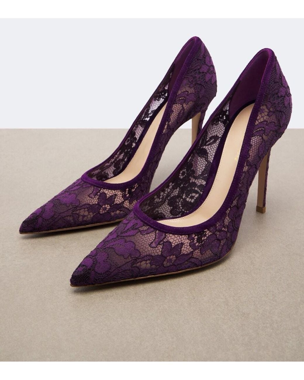 Gianvito Rossi Purple Claudia Suede-Trimmed Lace Pumps