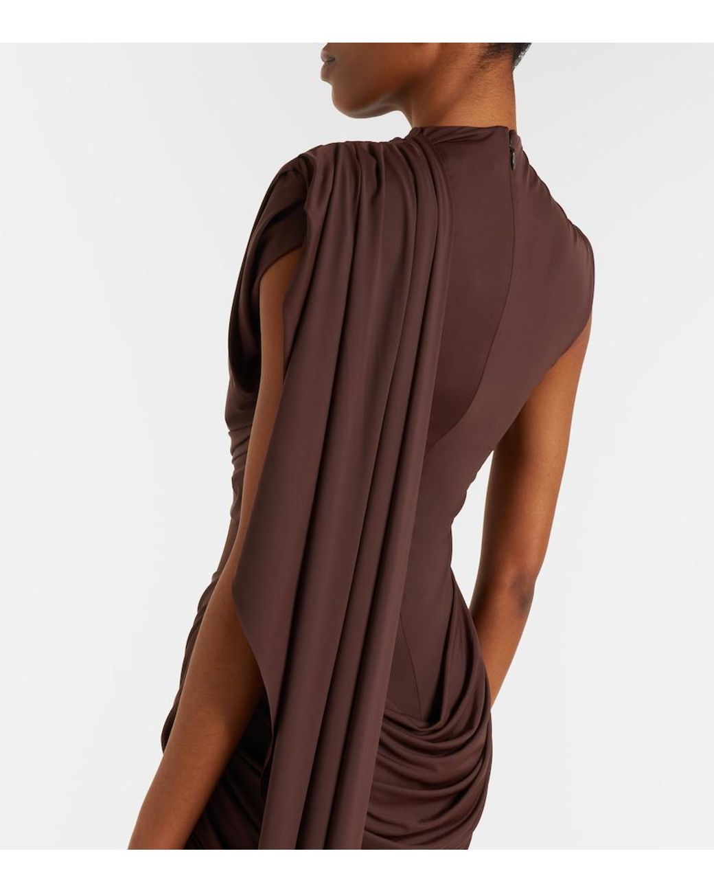 De La Vali Brown Draped Caped Jersey Minidress