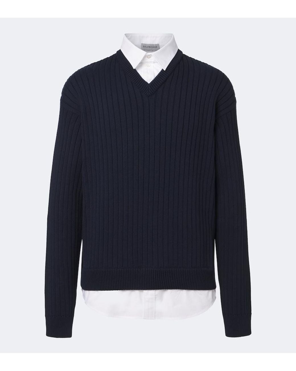 Balenciaga Blue Layered Ribbed-Knit Cotton Sweater for men