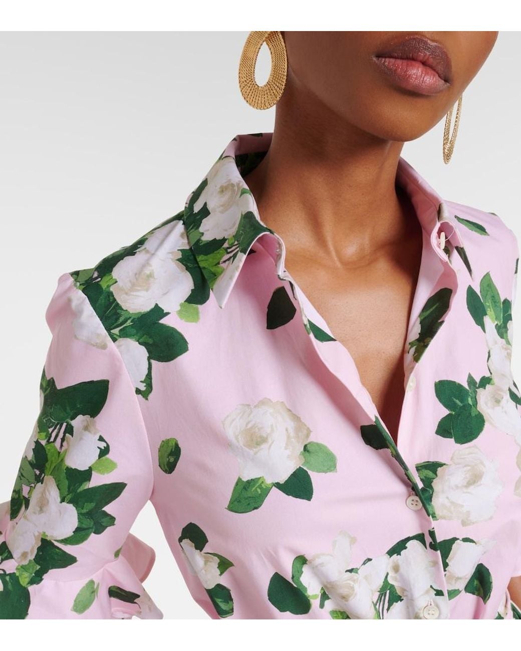 Carolina Herrera White Belted Floral Cotton-Blend Shirt Dress