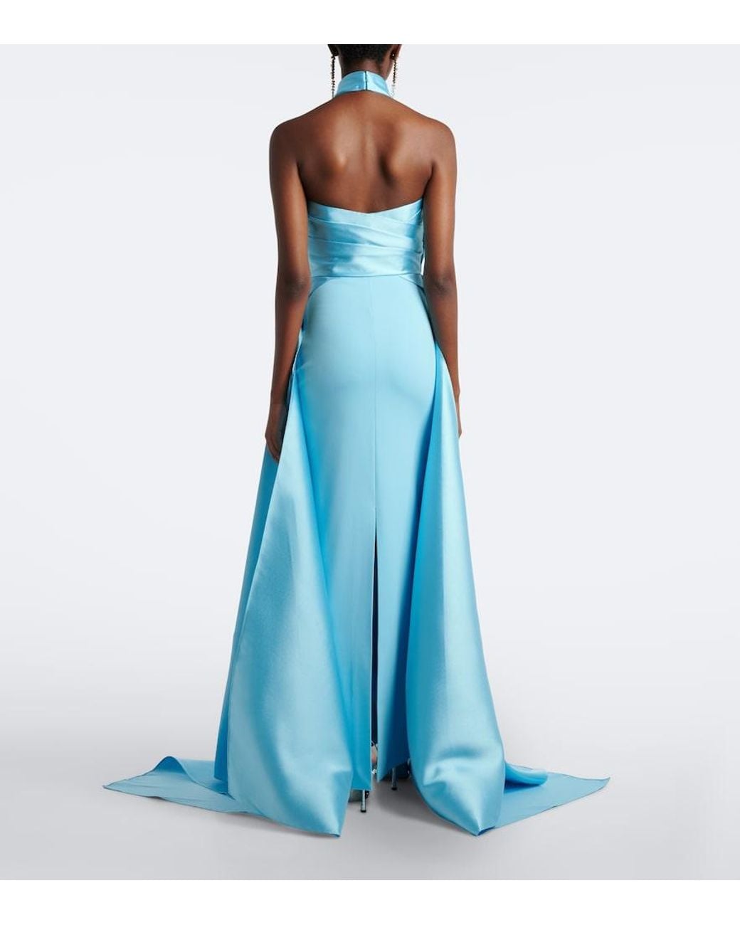 Solace London Blue Rumi Halterneck Satin-Trimmed Crepe Gown