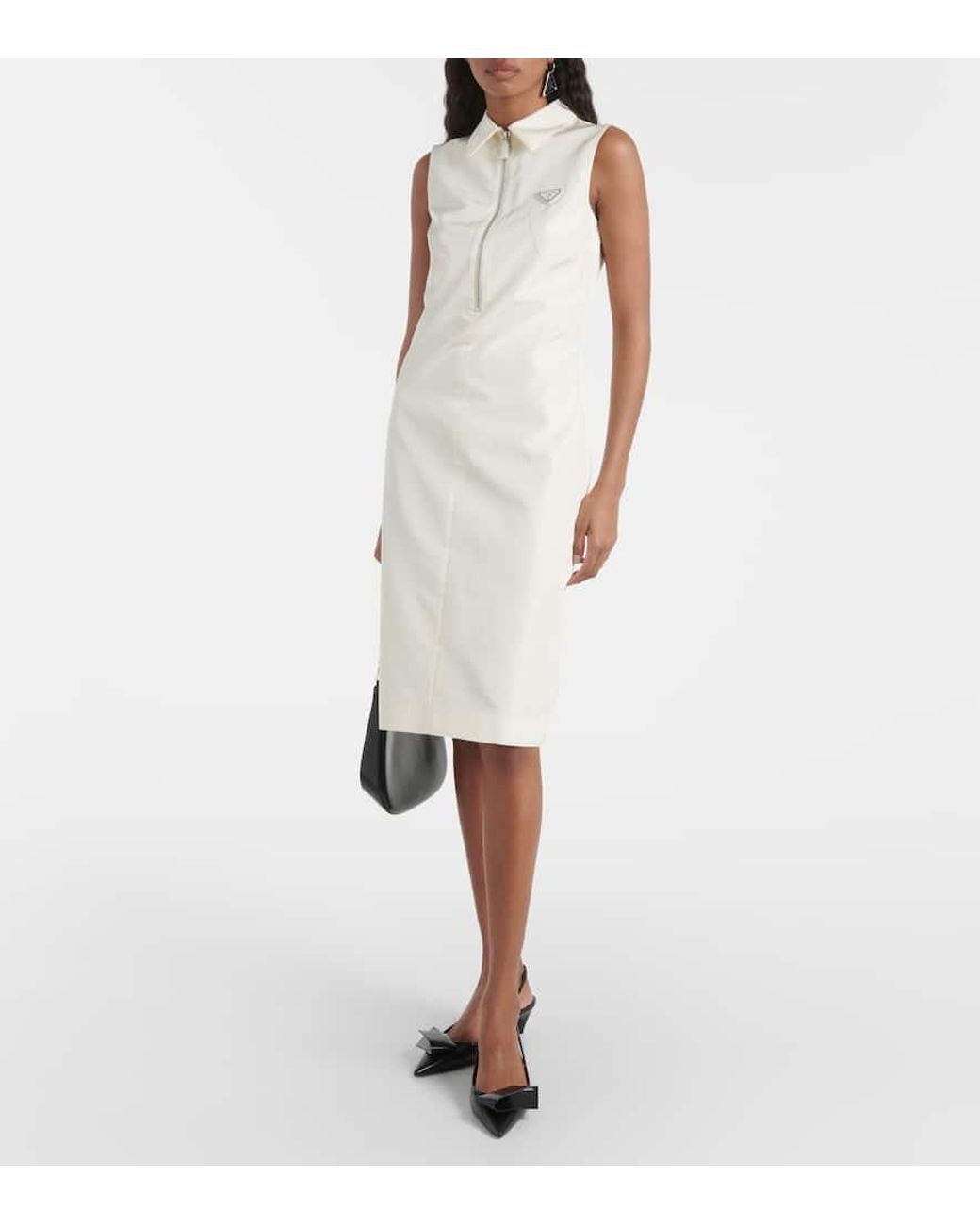 Prada Half-Zip Silk-Blend Midi Dress in Natural | Lyst Canada
