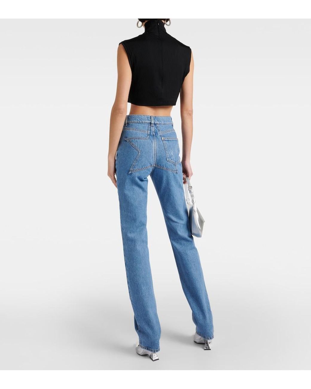Area Blue Crystal Embellished High Waist Straight Leg Jeans