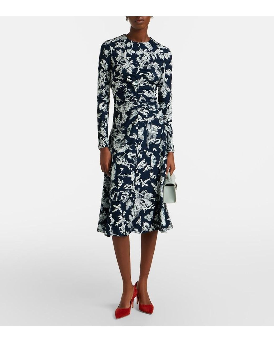 Erdem Blue Floral Ruched Midi Dress