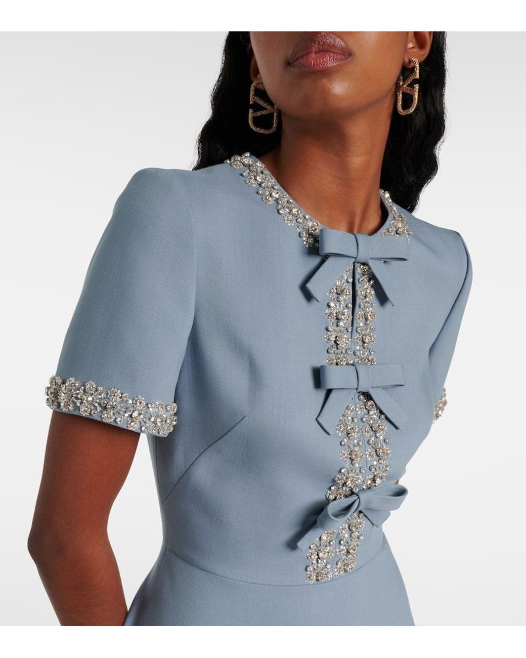 Valentino Blue Verziertes Midikleid Aus Crepe Couture