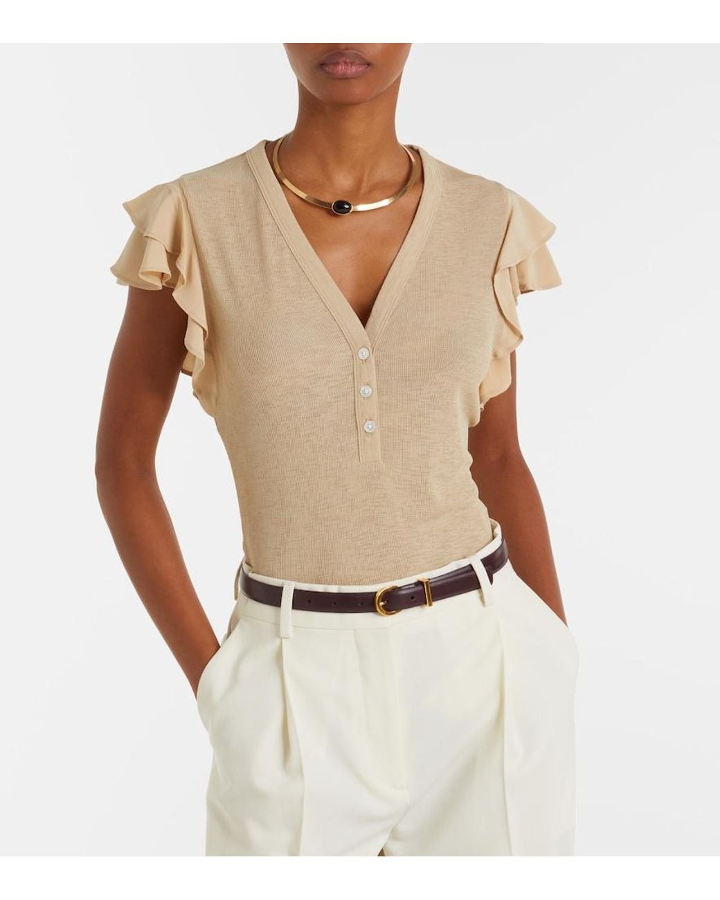 Veronica Beard Natural Aphrodite Ribbed-Knit Ruffled Top