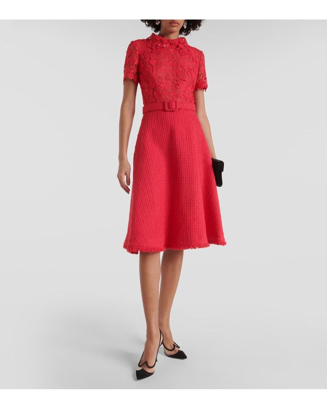 Oscar de la Renta Red Gardenia Guipure And Tweed Midi Dress