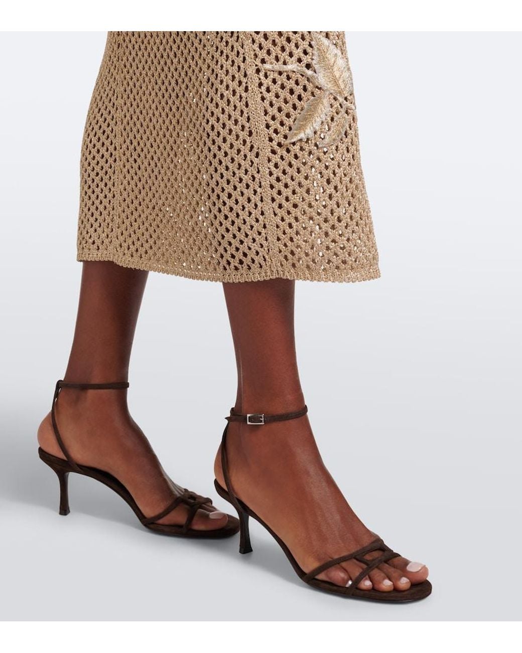 Oscar de la Renta Natural Floral-Applique Open-Knit Midi Dress