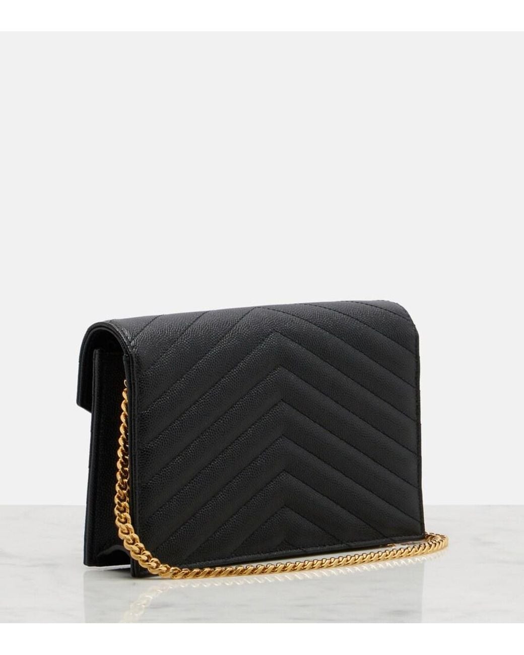 Saint Laurent Black Cassandre Leather Wallet On Chain