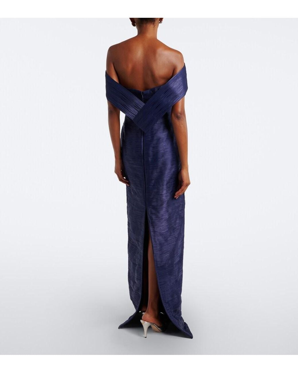 Marmar Halim Blue Pleated Off-Shoulder Gown