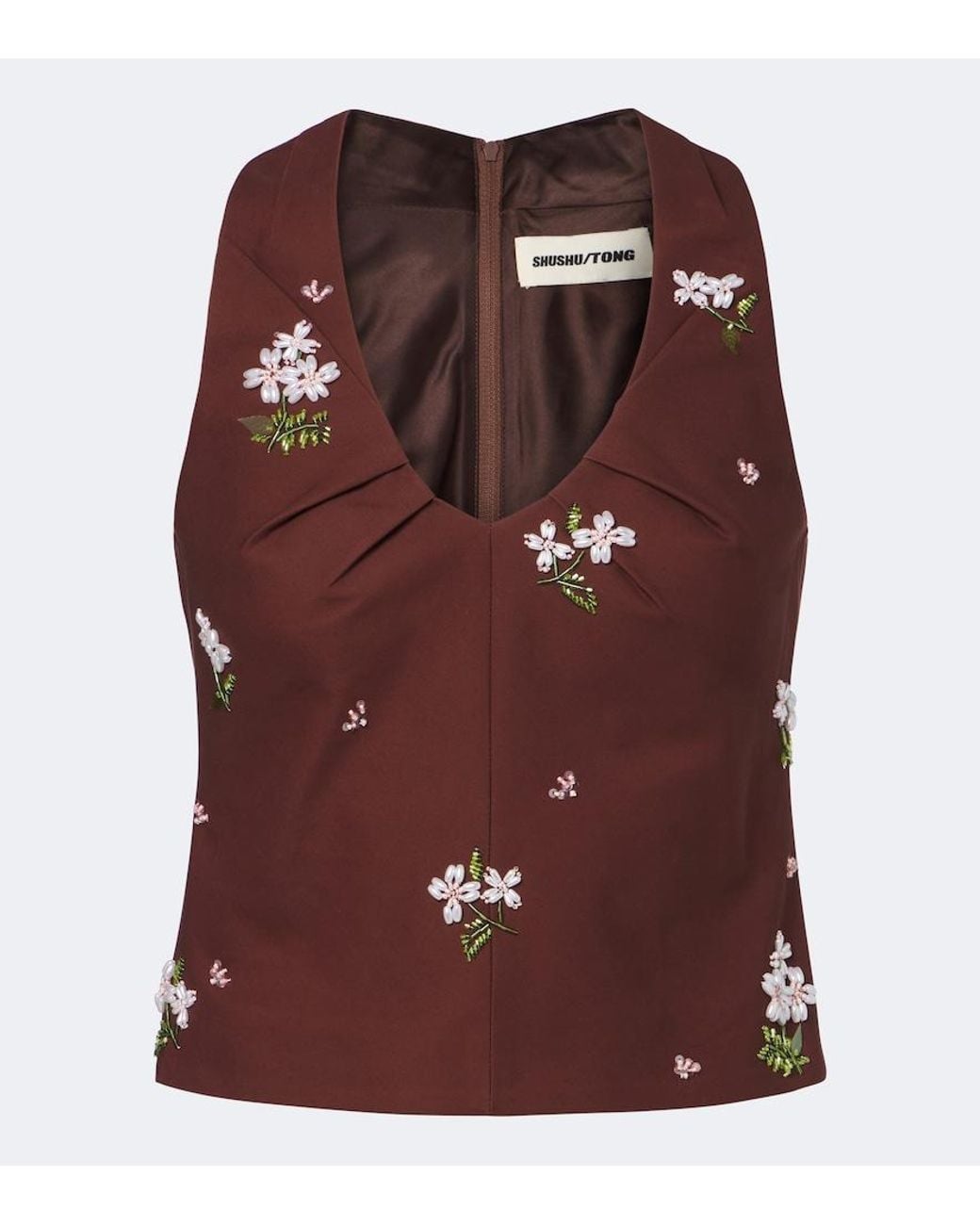 ShuShu/Tong Brown Embellished Halterneck Cotton Top