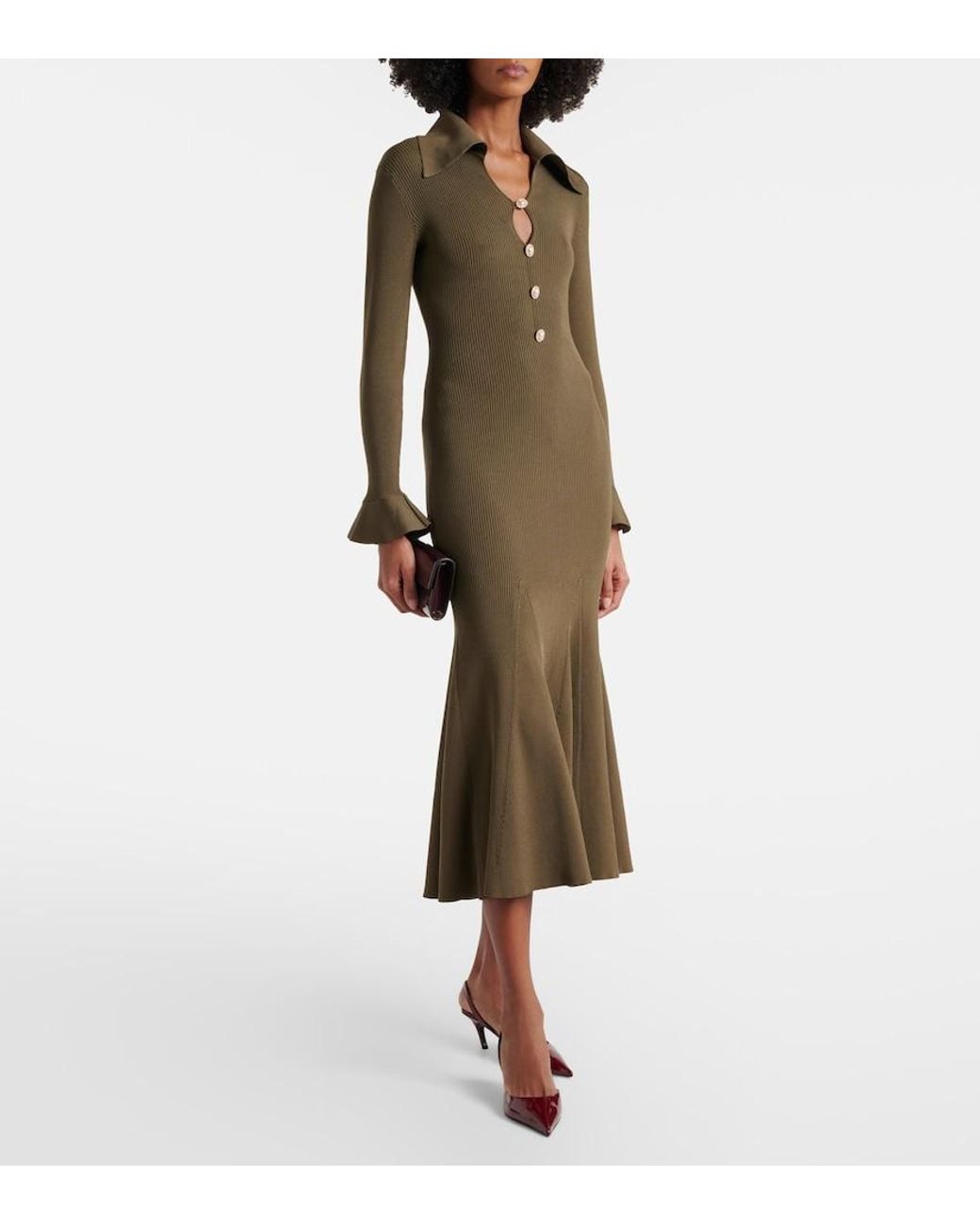 Self-Portrait Natural Ribbed-Knit Midi Dress