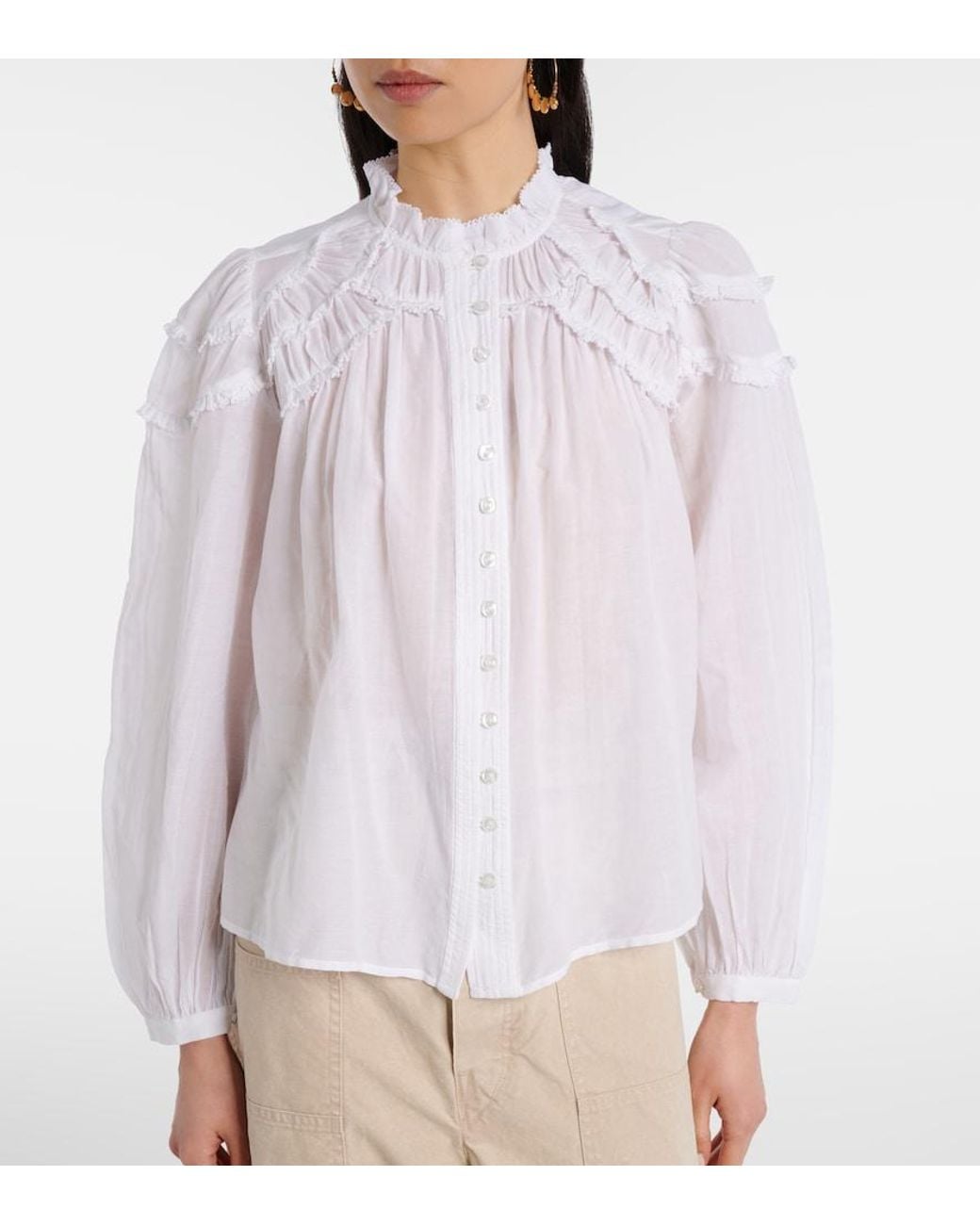 Isabel Marant White Christa Ruffled Cotton-Blend Blouse
