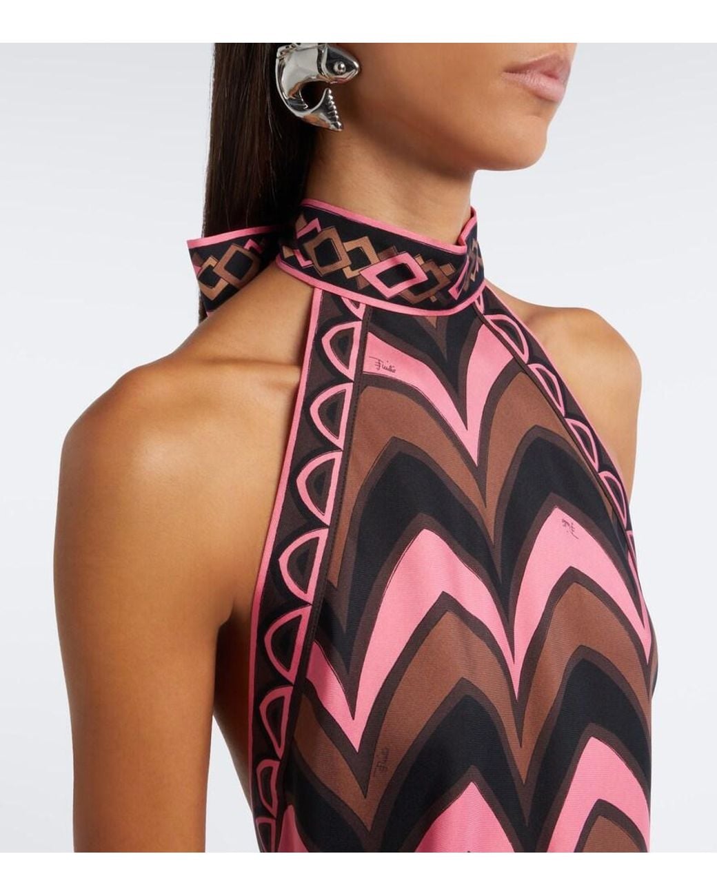 Emilio Pucci Red Baiadera Halterneck Silk Twill Midi Dress